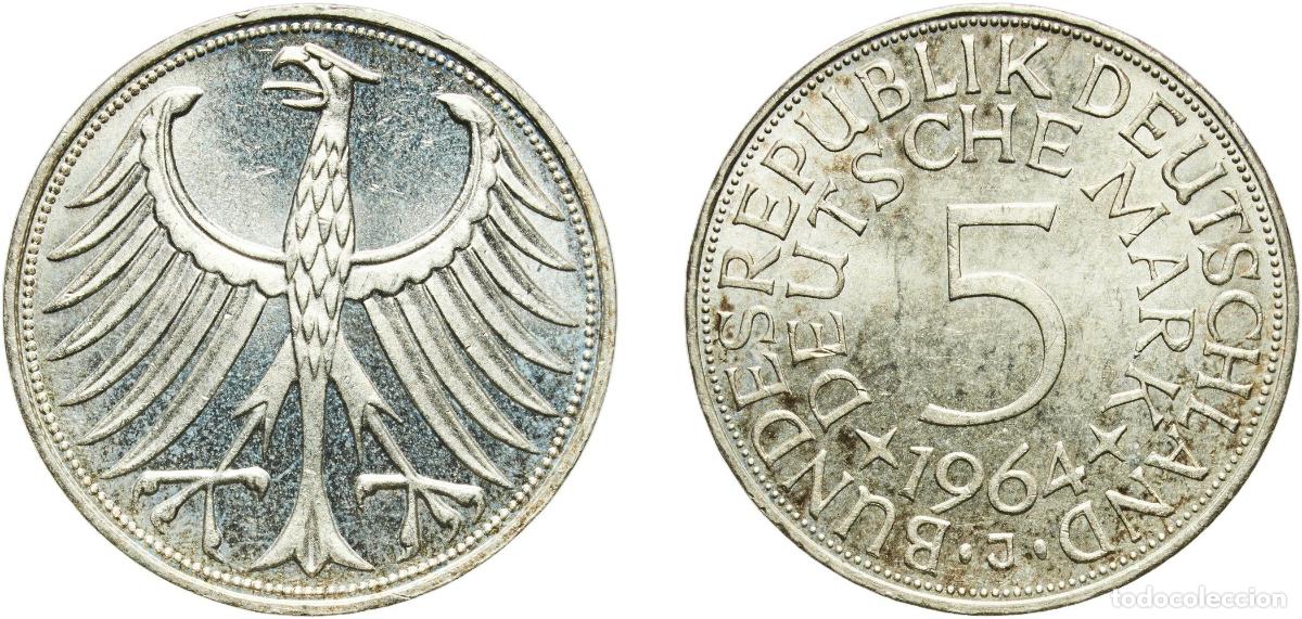 Monedas antiguas de Europa: Germany Federal Republic 1964 J 5 Deutsche Mark Silver (.625) (Copper .375) Hamburg Mint (1335000)