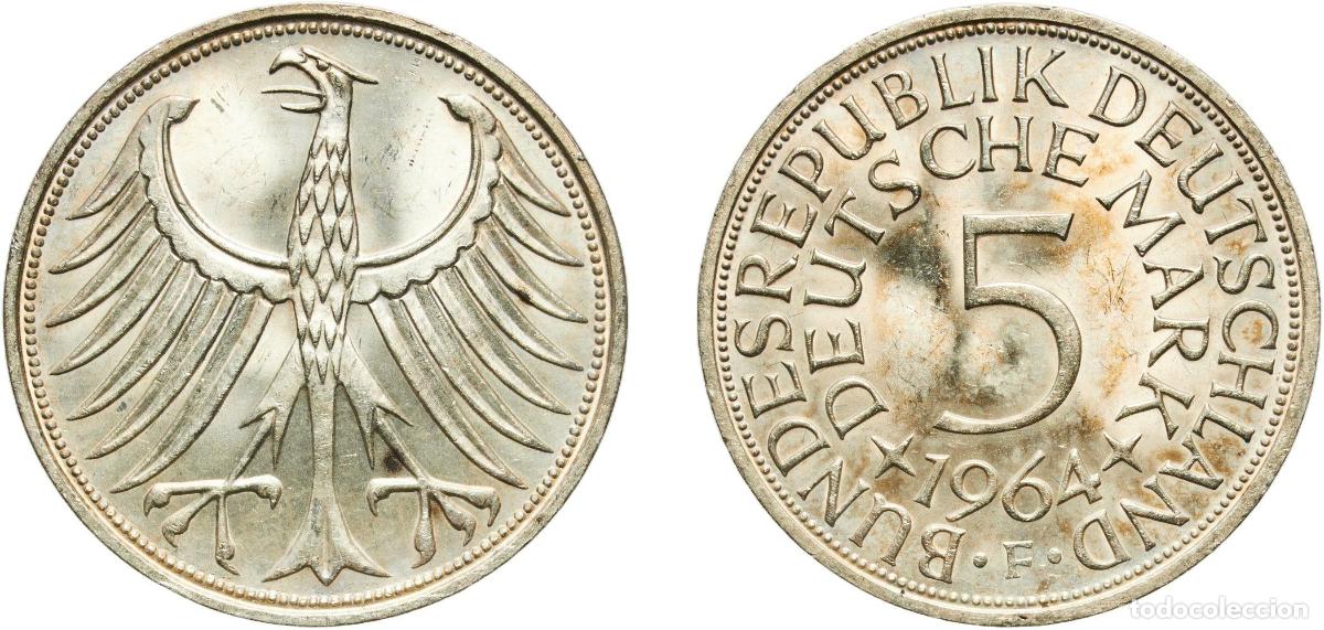 Monedas antiguas de Europa: Germany Federal Republic 1964 F 5 Deutsche Mark Silver (.625) (Copper .375) Staatliche M&uuml;nze Baden-