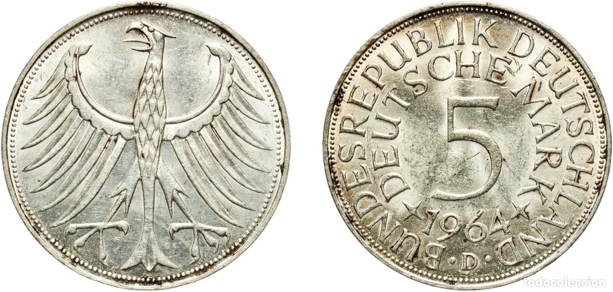 Monedas antiguas de Europa: Germany Federal Republic 1964 D 5 Deutsche Mark Silver (.625) (Copper .375) Munich Mint (456000) 11