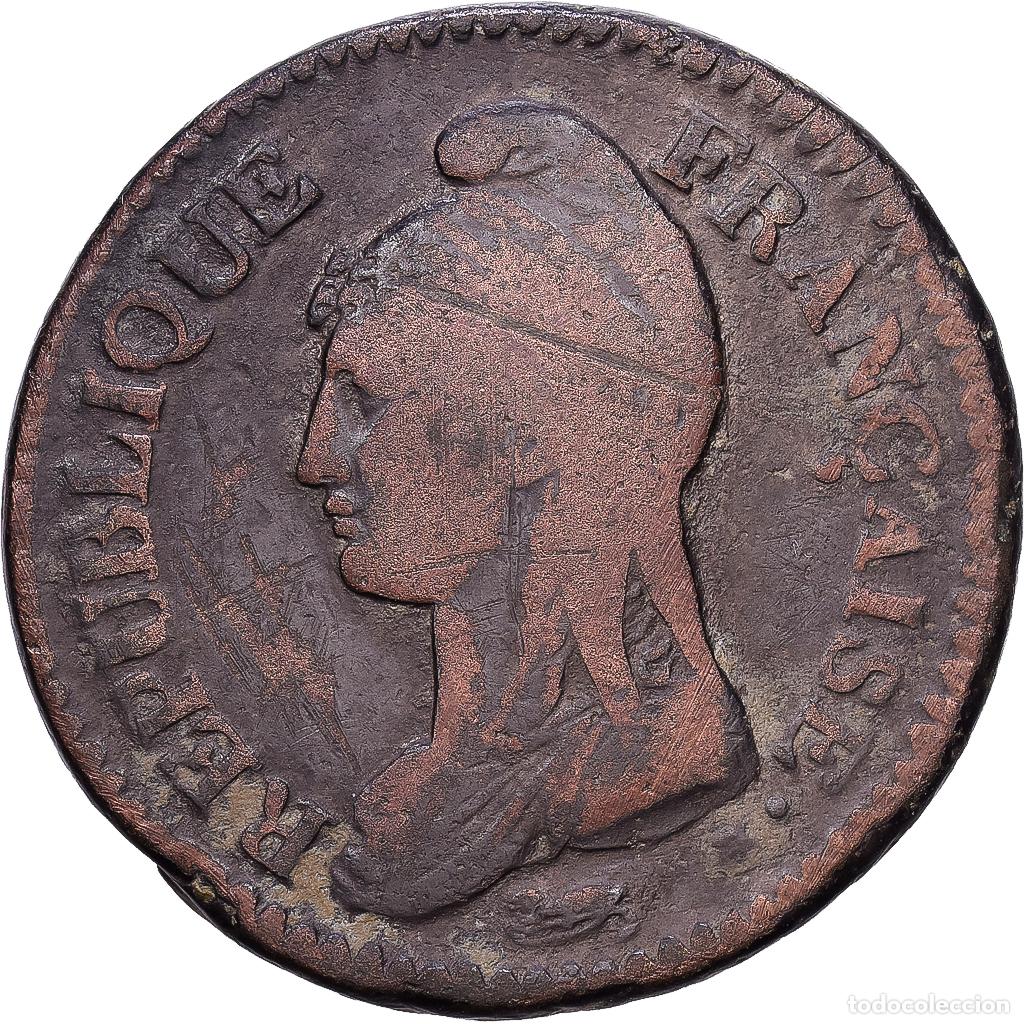 Monedas antiguas de Europa: [#1552422] Francia, Decime, Dupr&eacute;, 1793 / AN 5, Paris, Bronce, BC+, Gadoury:187, KM:645.1