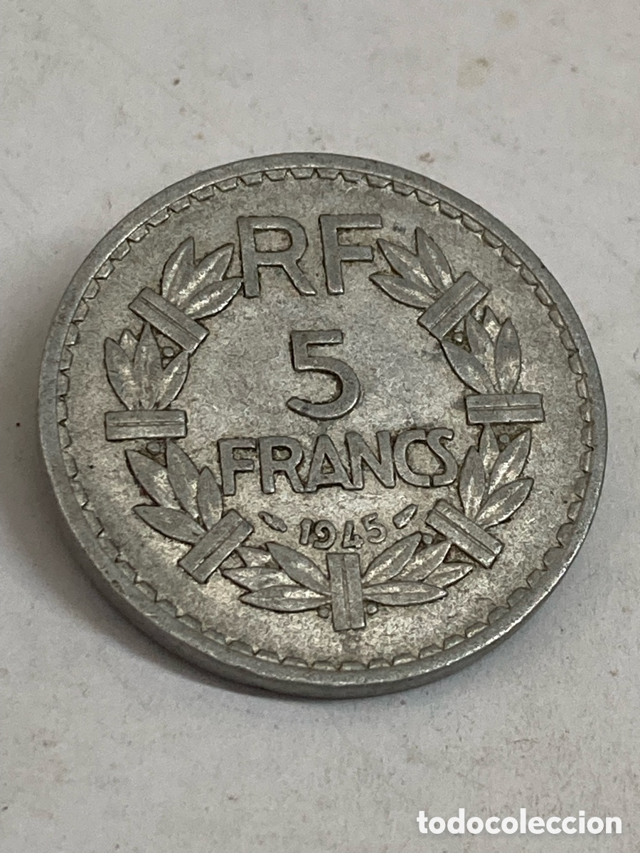 Monedas antiguas de Europa: moneda de 5 francos franceses de aluminio de 1945