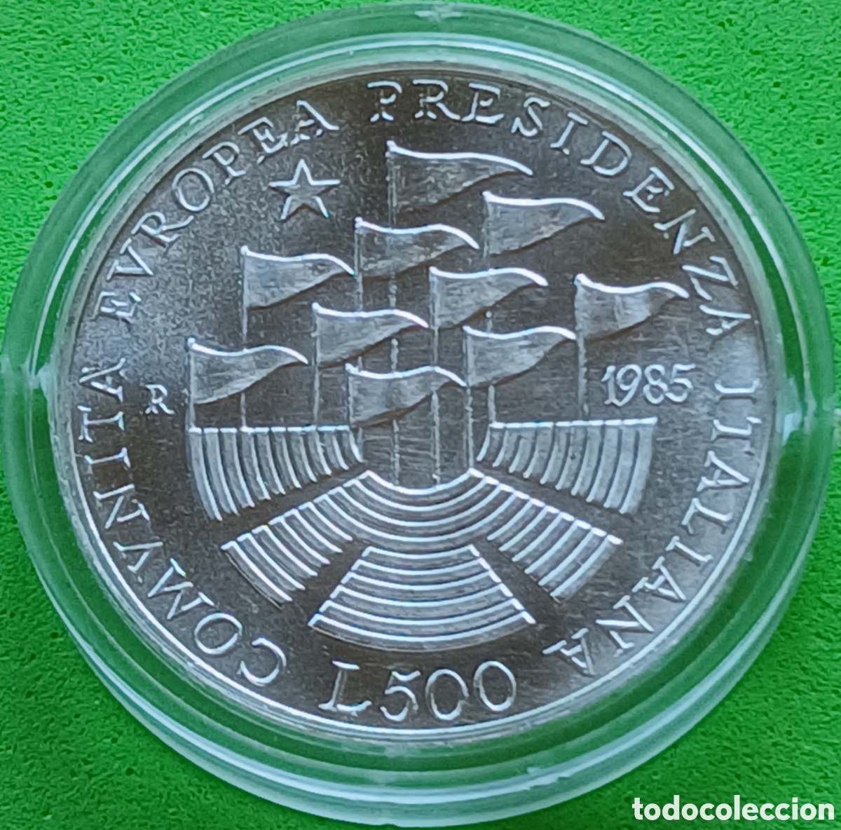 Monedas antiguas de Europa: Italia 500 liras 1985 km#115 Comunidad Econ&oacute;mica Europa, plata.