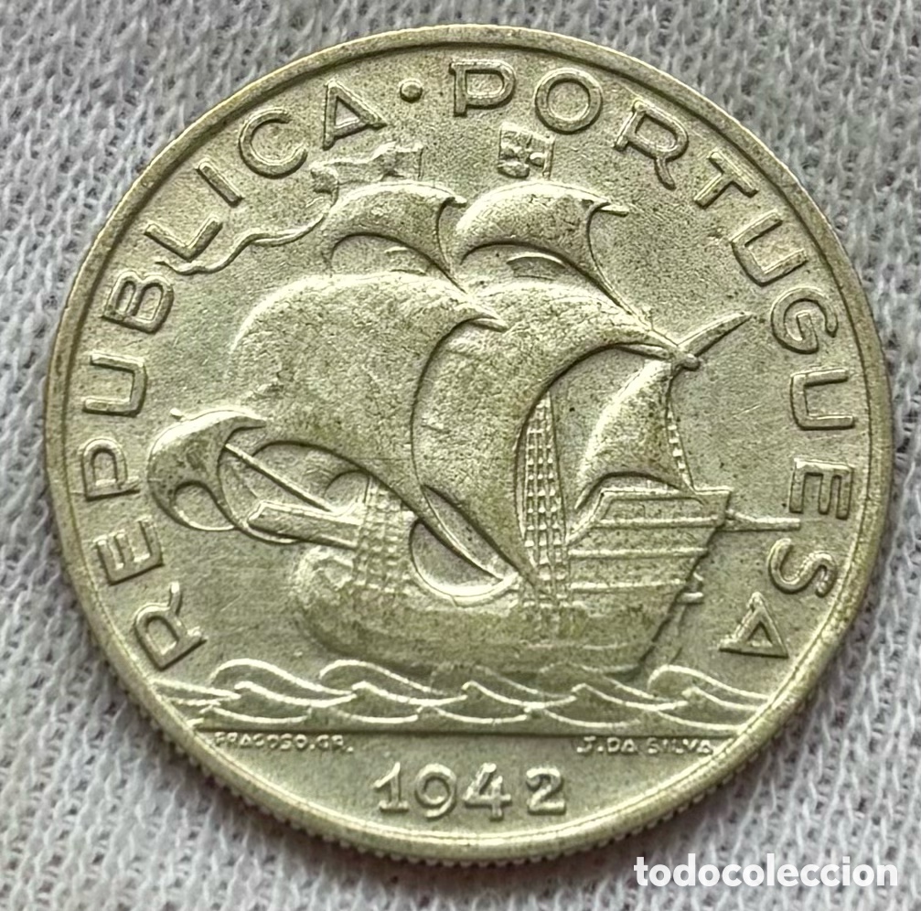 Monedas antiguas de Europa: Moneda PLATA PORTUGAL 5 Escudos 1942 .