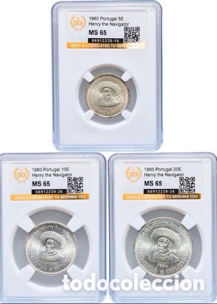 Monedas antiguas de Europa: Set x 3 Portugal PLATA 5-10-20 Escudos 1960. Certificadas GBCA MS 65