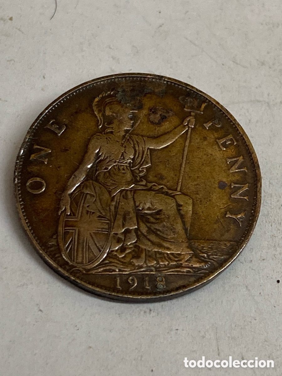Monedas antiguas de Europa: Moneda brit&aacute;nica de 1 penique de bronce de 1918 L23