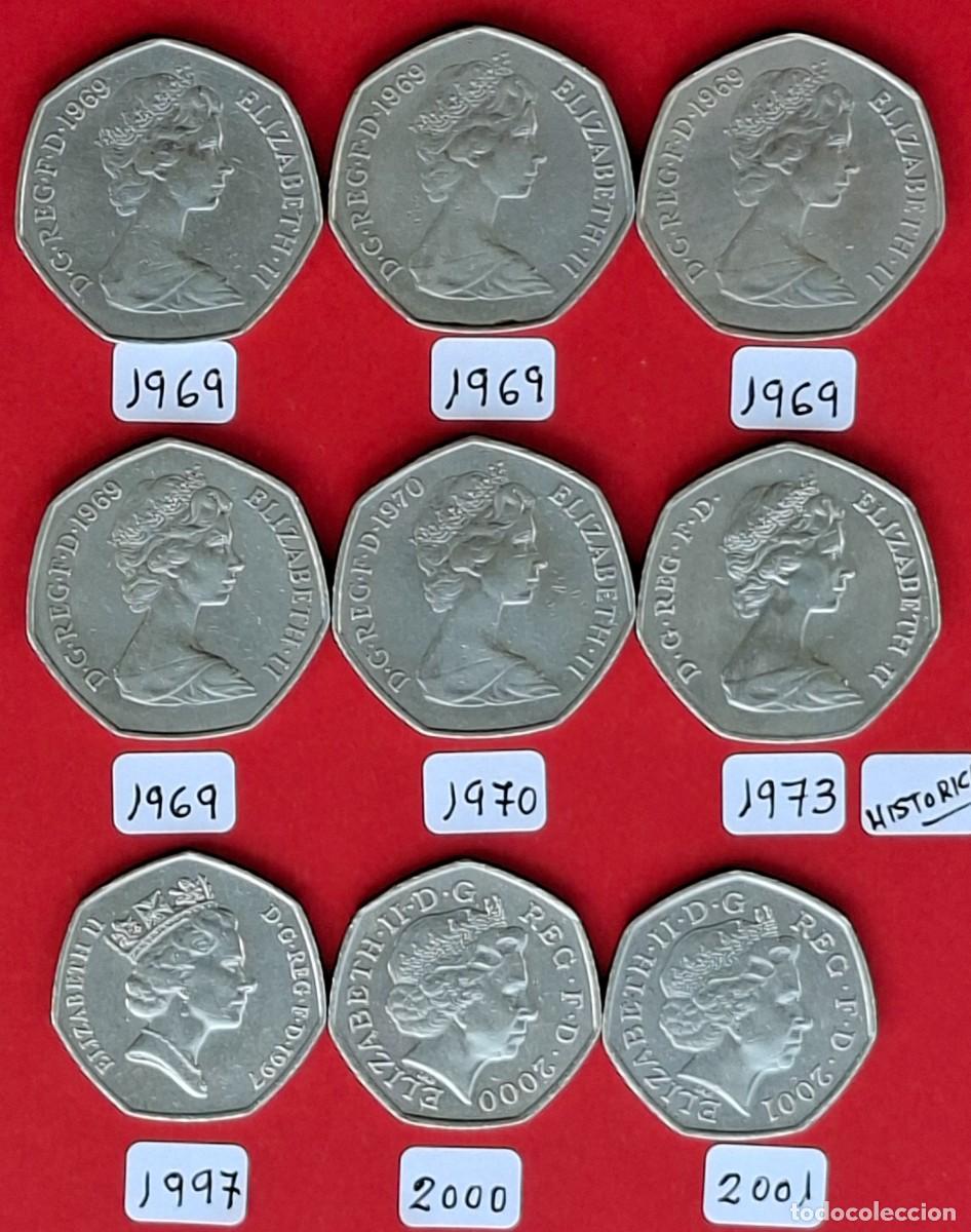 Monedas antiguas de Europa: 9 monedas antiguas de 50 peniques de Inglaterra