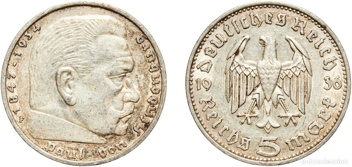 Monedas antiguas de Europa: Germany Third Reich 1936 F 5 Reichsmark (Paul von Hindenburg) Silver (.900) Staatliche M&uuml;nze Baden-