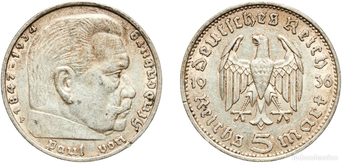 Monedas antiguas de Europa: Germany Third Reich 1936 F 5 Reichsmark (Paul von Hindenburg) Silver (.900) Staatliche M&uuml;nze Baden-