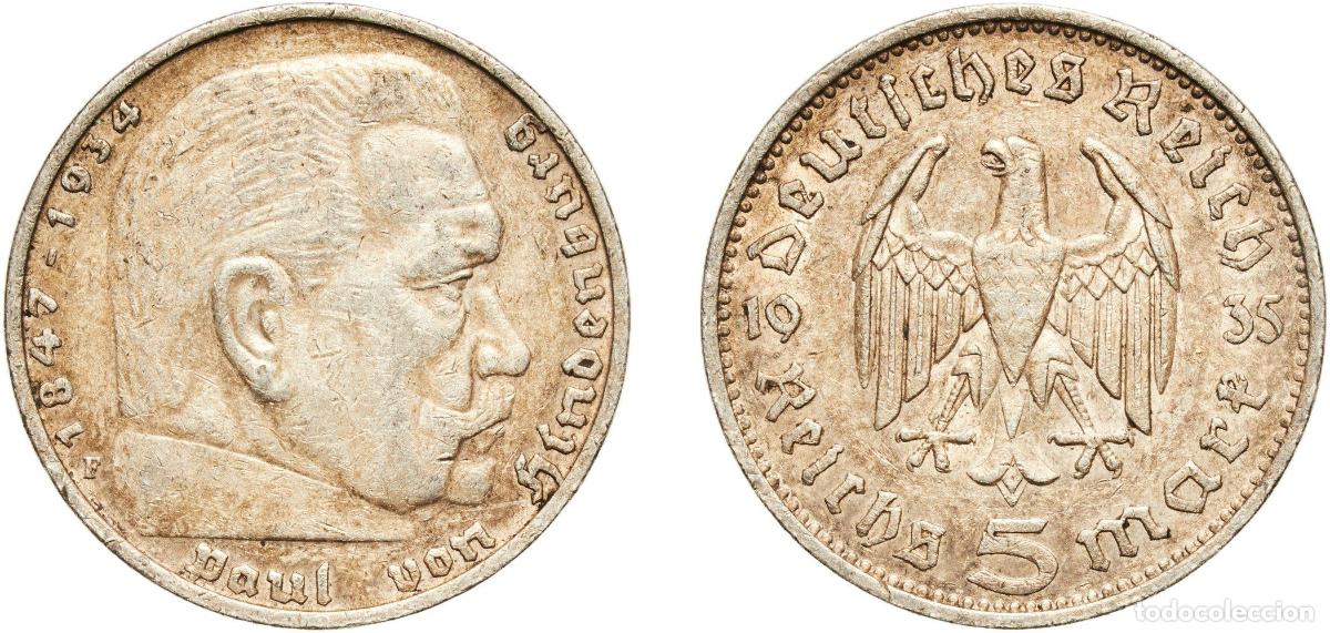 Monedas antiguas de Europa: Germany Third Reich 1935 F 5 Reichsmark (Paul von Hindenburg) Silver (.900) Staatliche M&uuml;nze Baden-