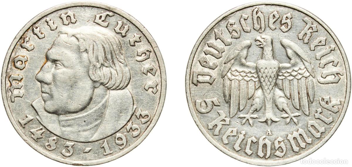 Monedas antiguas de Europa: Germany Third Reich 1933 A 5 Reichsmark (Martin Luther) Silver (.900) Berlin Mint (108380) 13.89g X