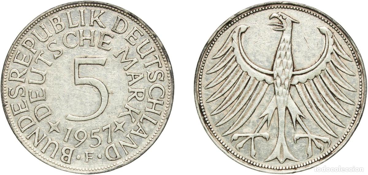 Monedas antiguas de Europa: Germany Federal Republic 1957 F 5 Deutsche Mark Silver (.625) (Copper .375) Staatliche M&uuml;nze Baden-
