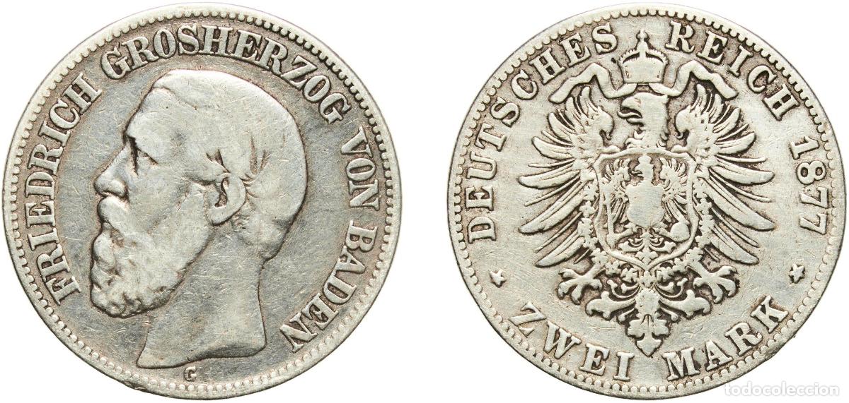Monedas antiguas de Europa: Germany Grand Duchy of Baden Second Empire 1877 G 2 Mark - Frederick I Silver (.900) Staatliche M&uuml;n
