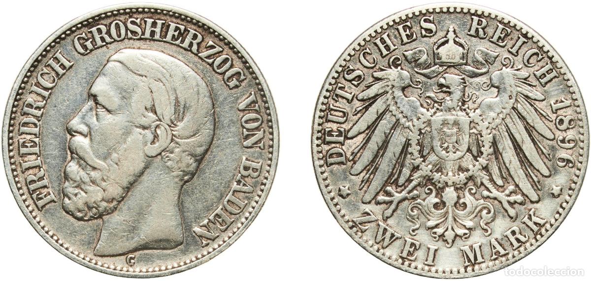 Monedas antiguas de Europa: Germany Grand Duchy of Baden German states 1896 G 2 Mark - Frederick I Silver (.900) Staatliche M&uuml;n