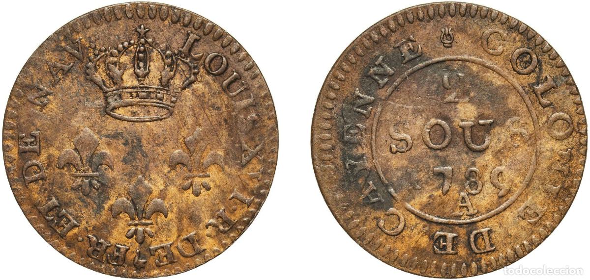 Monedas antiguas de Europa: French Guiana French colony 1789 A 2 Sous (Colonie de Cayenne; Louis XVI) Billon (.208 silver) Pari