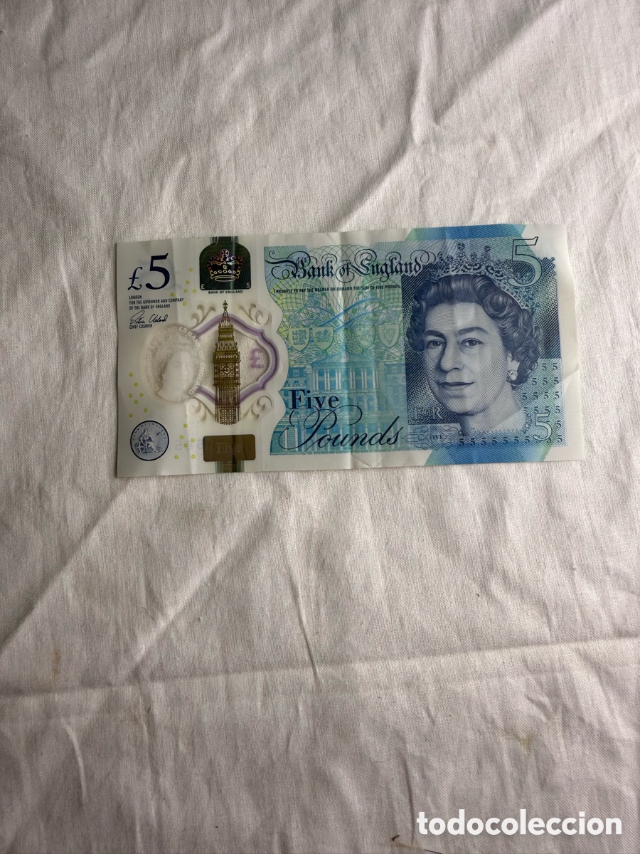 Monedas antiguas de Europa: Billete 5 Libras Reino Unido &ndash; Winston Churchill &ndash; Bank of England &ndash; Pol&iacute;mero