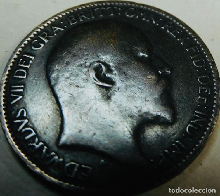 Monedas antiguas de Europa: un cuarto de penique (Farthing) del rey Eduardo VII, acu&ntilde;ada en el a&ntilde;o 1904.