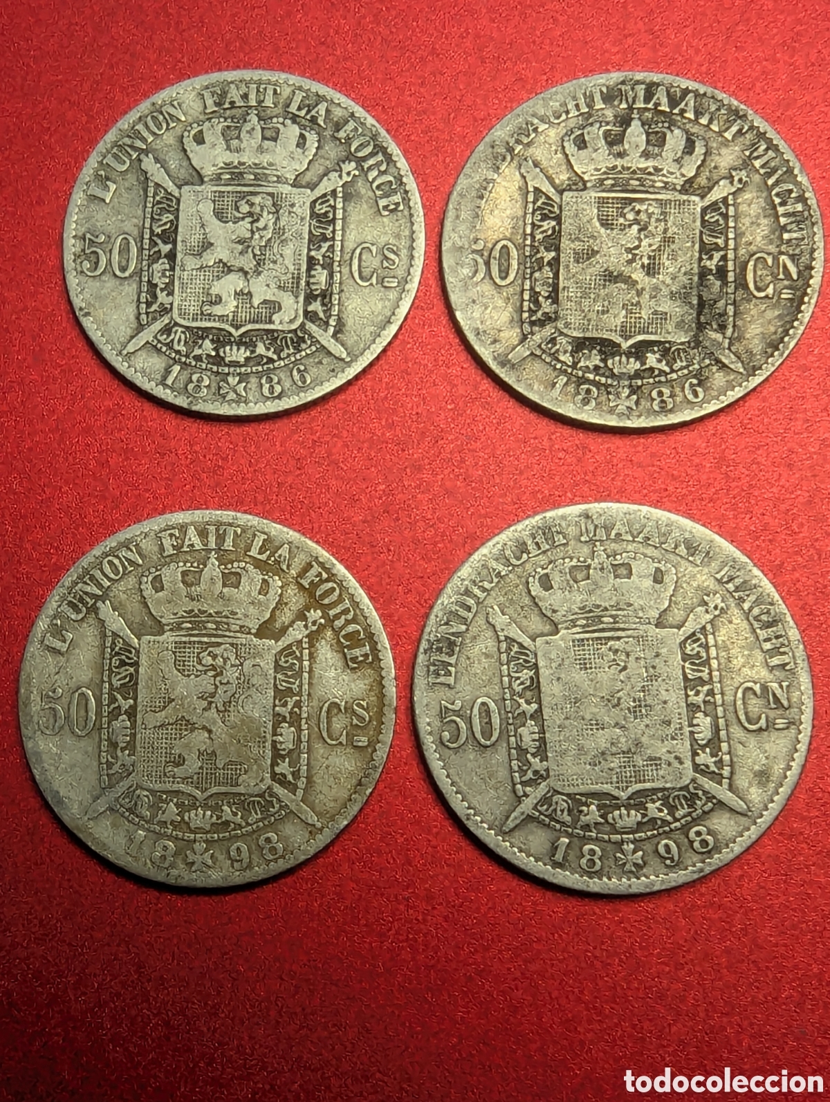 Monedas antiguas de Europa: B&eacute;lgica 4x50 cent 1868 y 1898 diferentes plata