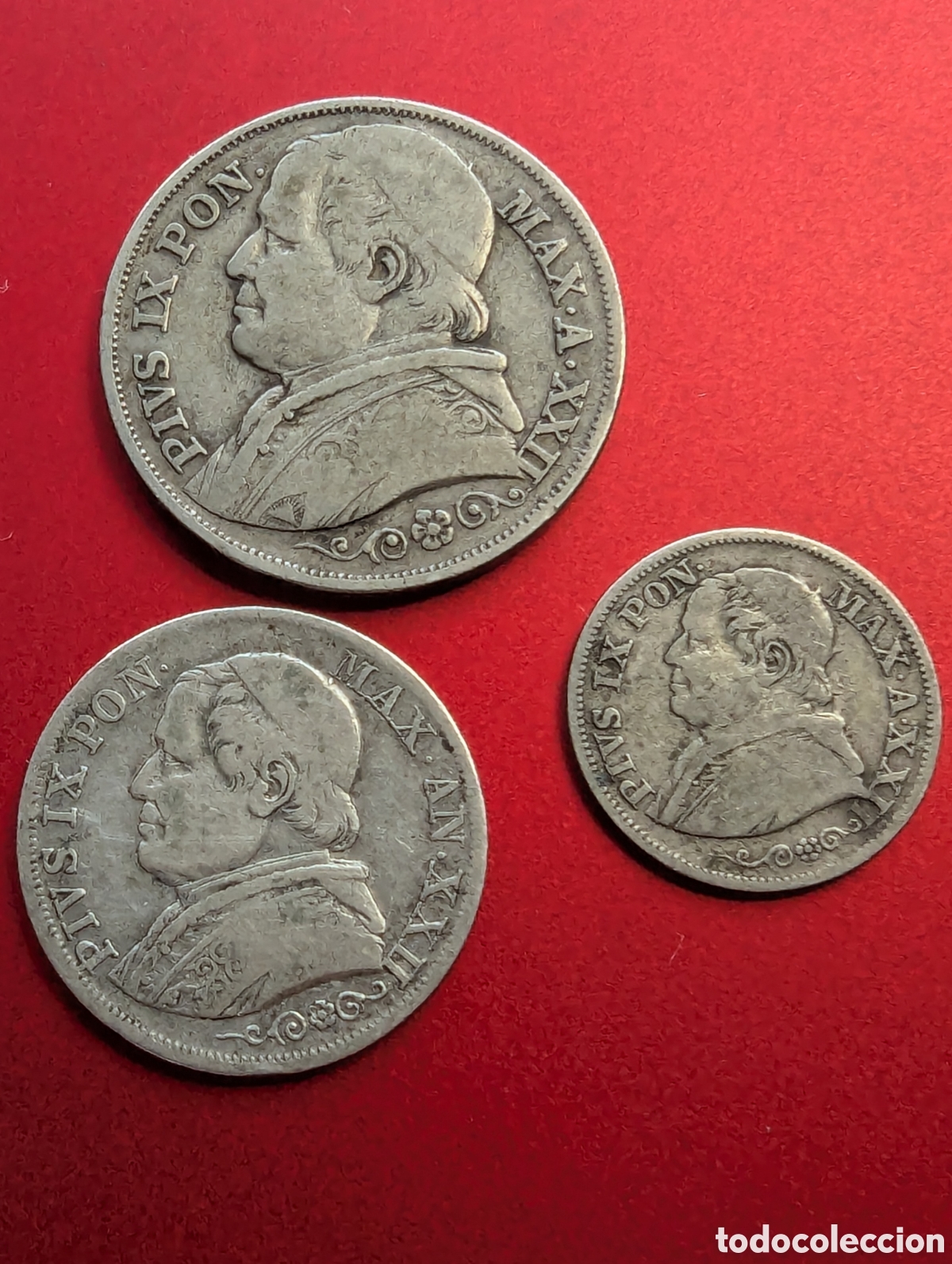 Monedas antiguas de Europa: Estados Pontificios 10 soldi,1 y 2 liras 1867-68 plata