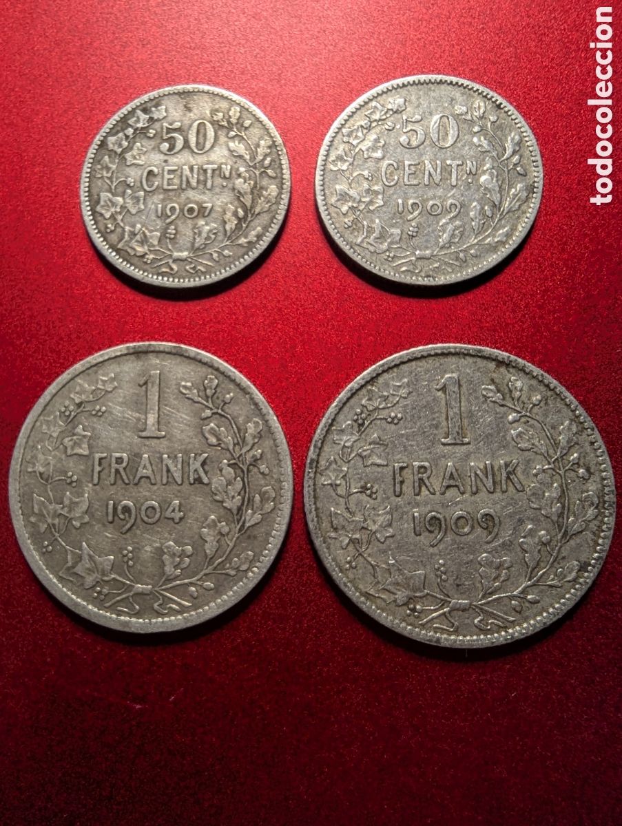 Monedas antiguas de Europa: B&eacute;lgica 2x50 cent y 2x1 fr 1904-1909 plata
