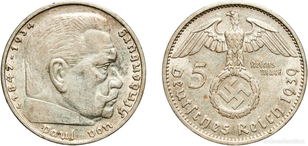 Monnaies anciennes de Europe: Germany Third Reich 1939 J 5 Reichsmark (Paul von Hindenburg) Silver (.900) Hamburg Mint (1710000)