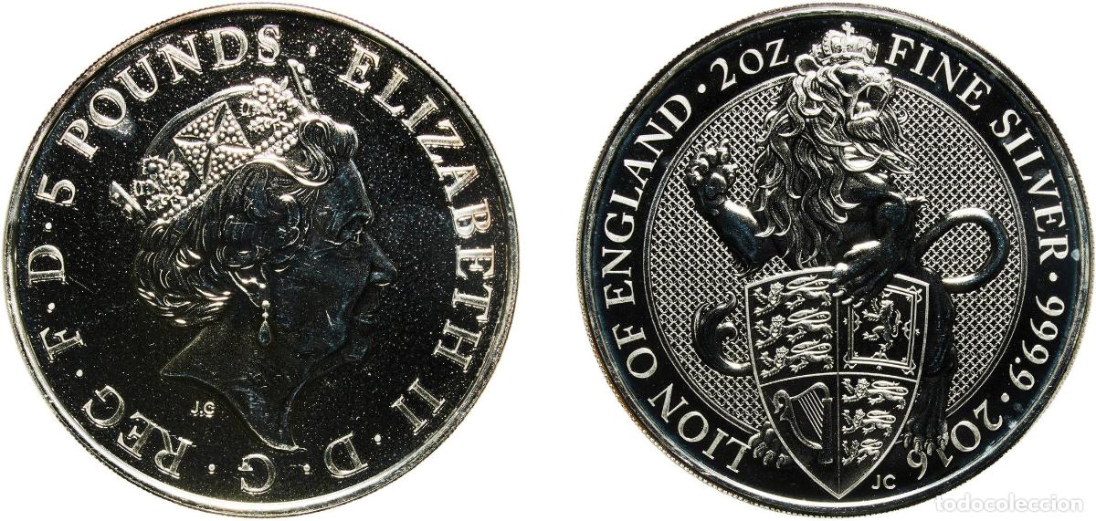Monedas antiguas de Europa: Great Britain United Kingdom Kingdom 2016 5 Pounds - Elizabeth II (Lion of England; 2 oz Fine Silve