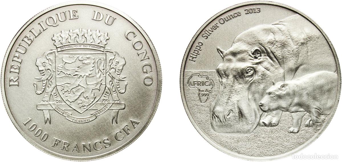 Monedas antiguas de Europa: Congo Republic 2013 1000 Francs CFA (Hippo) Silver (.999) (2000) 31.29g UNC KM 124