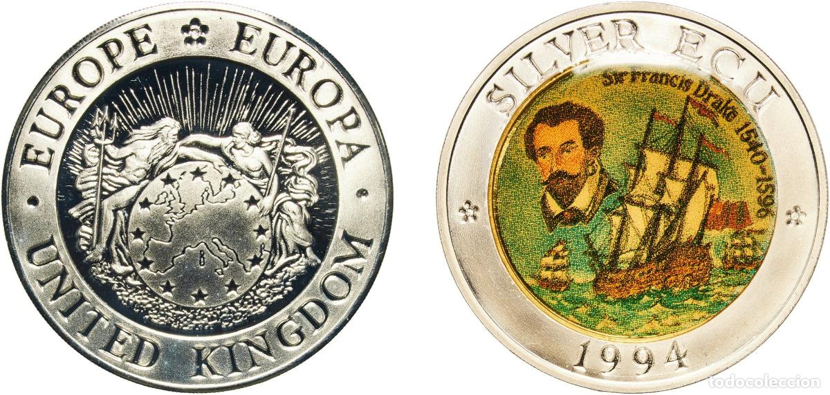 Monedas antiguas de Europa: Great Britain United Kingdom Kingdom 1994 25 ECU (Sir Francis Drake) Silver (.925) Tower Mint (1000
