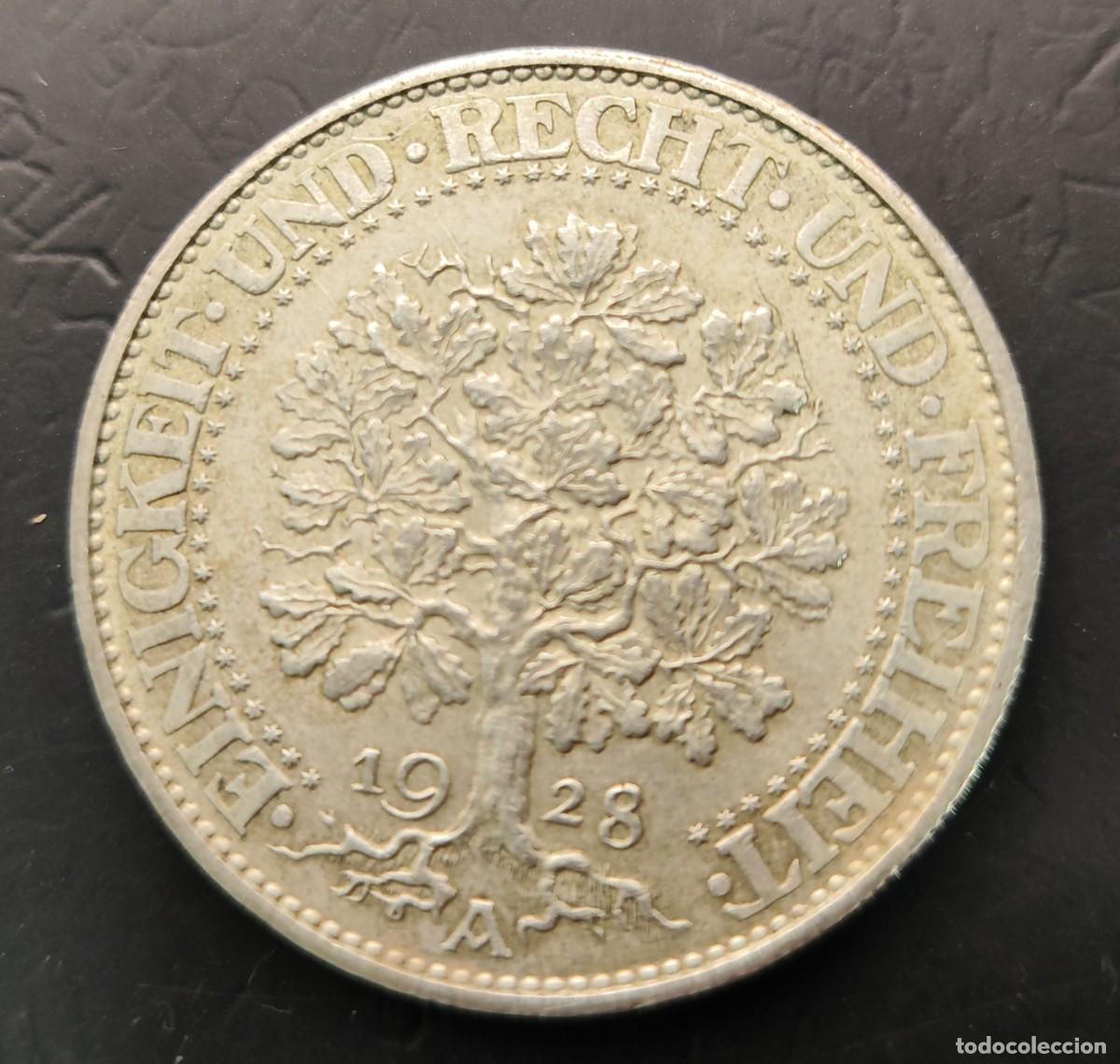 Moedas antigas da Europa: ALEMANIA IMPERIO ( A&Ntilde;O 1928 (A) 5 MARCOS PLATA BERLIN (500). PESO 25 GR