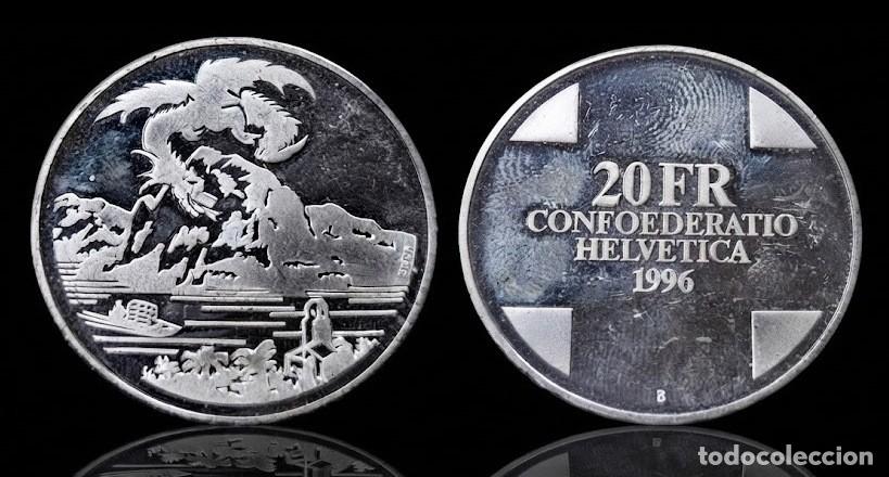 Old Coins of Europe: Suiza 20 Francos Drag&oacute;n 1996 Km 77 Plata Ebc Xf