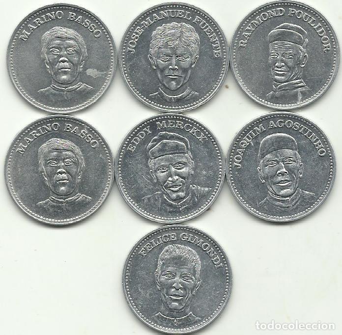 Monedas antiguas de Europa: 7 MONEDAS &rdquo; IDOLOS DO CICLISMO MUNDIAL &rdquo; - 1974 - ALUMINIO - FOTOS.