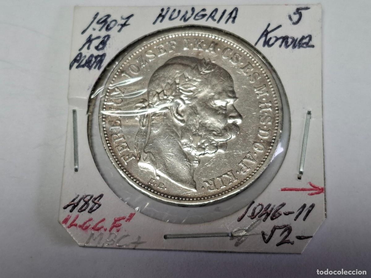 Monedas antiguas de Europa: 5 KORONA de PLATA de 1907 KB KM 488 HUNGRIA en MBC+