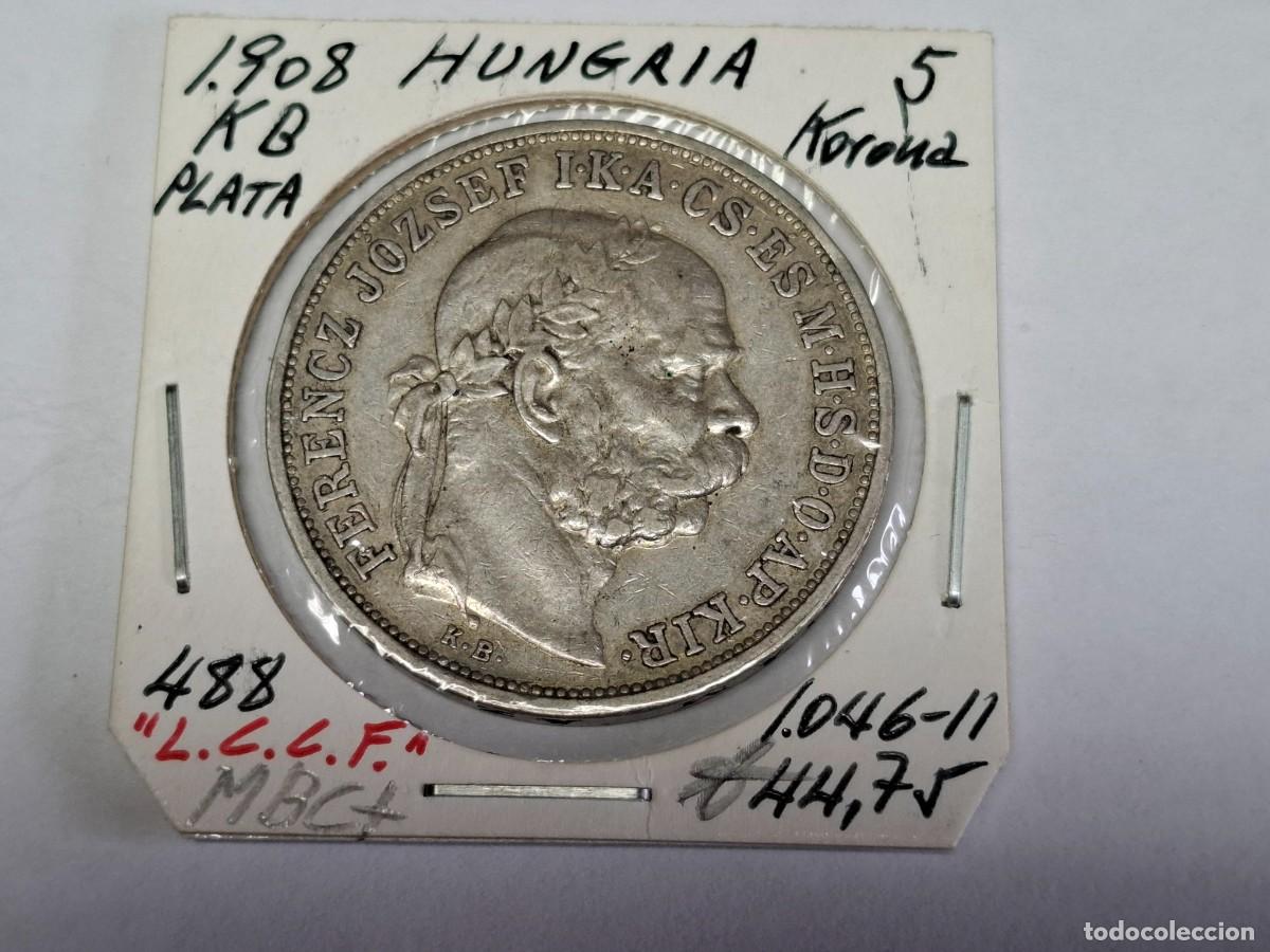 Monedas antiguas de Europa: 5 KORONA de PLATA de 1908 KB KM 488 HUNGRIA en MBC+