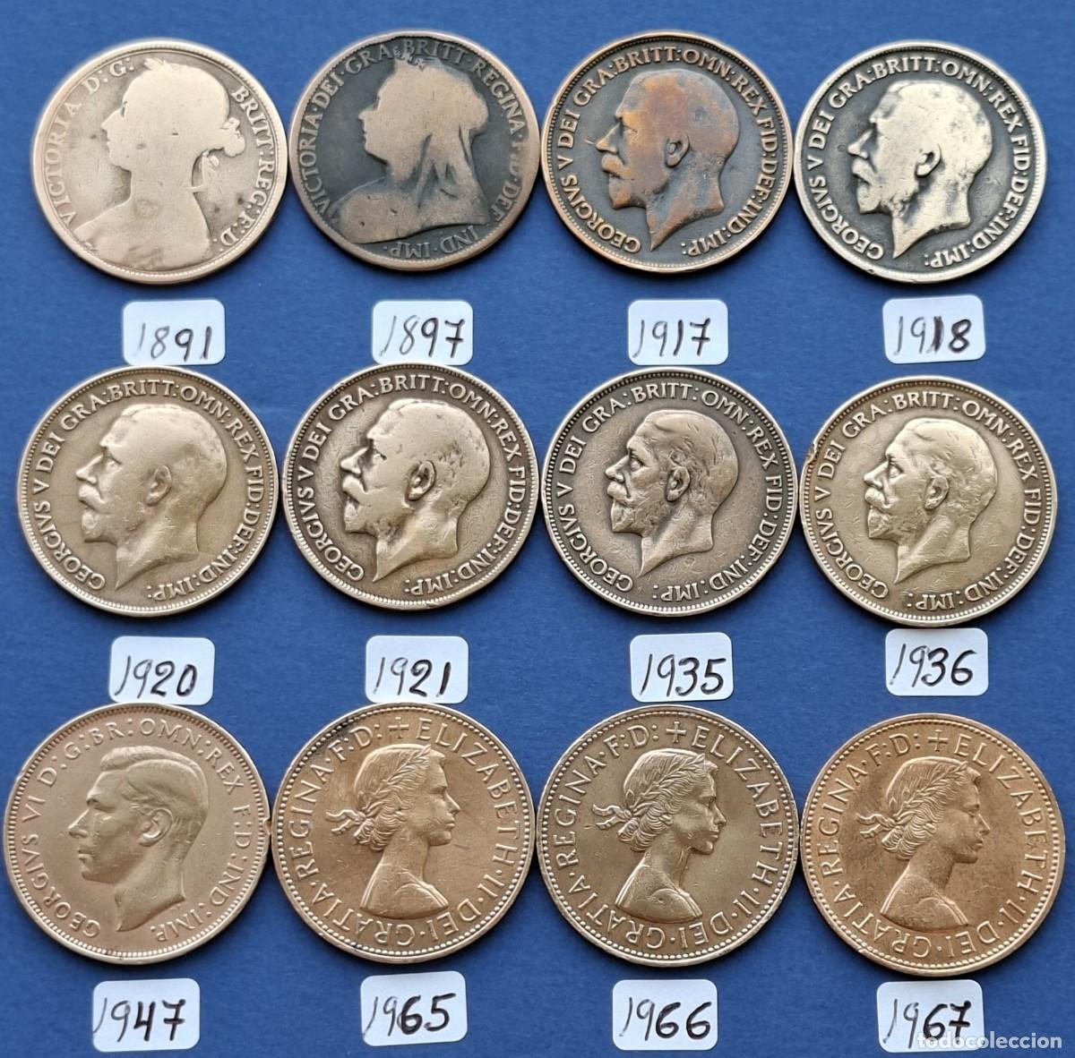 Monedas antiguas de Europa: 12 monedas de 1 penique (one penny) de Inglaterra.