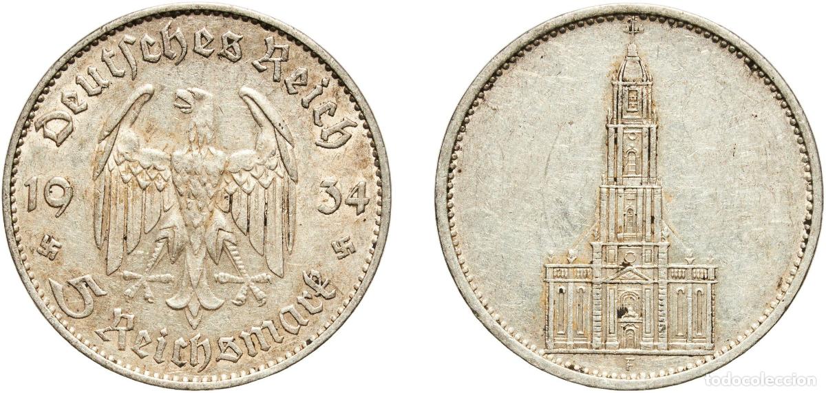 Monedas antiguas de Europa: Germany Third Reich 1934 F 5 Reichsmark (Potsdam Garrison Church) Silver (.900) Staatliche M&uuml;nze Ba