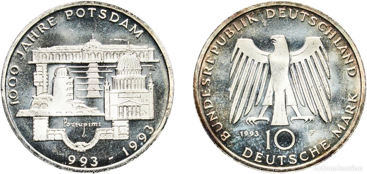 Monedas antiguas de Europa: Germany Federal Republic 1993 F 10 Deutsche Mark (1000 Years Potsdam) Silver (.625) Staatliche M&uuml;nz