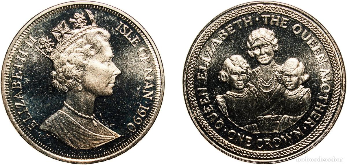 Monedas antiguas de Europa: Isle of Man British dependency 1990 PM 1 Crown - Elizabeth II (Queen Mother with daughters) Copper-