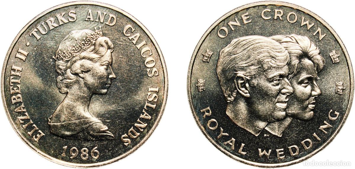 Monedas antiguas de Europa: Turks and Caicos Islands British Overseas Territory 1986 1 Crown - Elizabeth II (Royal Wedding) Cop