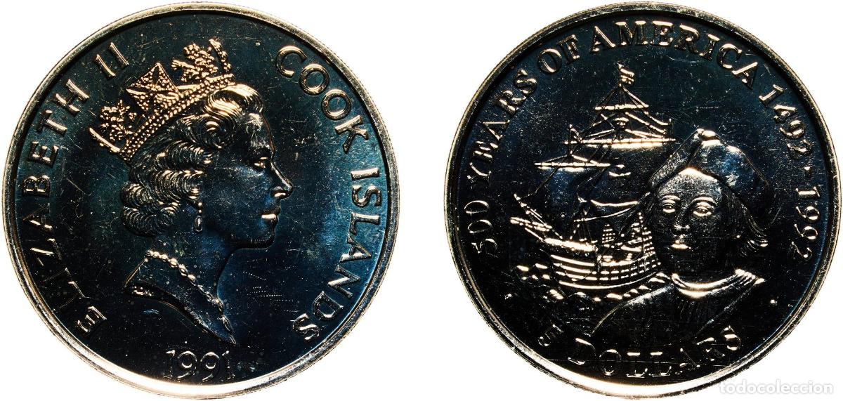 Monedas antiguas de Europa: Cook Islands New Zealand Free Association 1991 5 Dollars - Elizabeth II (Christopher Columbus) Copp