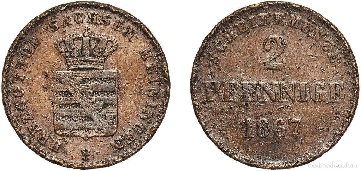 Monedas antiguas de Europa: Germany Duchy of Saxe-Meiningen German states 1867 2 Pfennige - Bernhard II Copper (480000) 2.31g V
