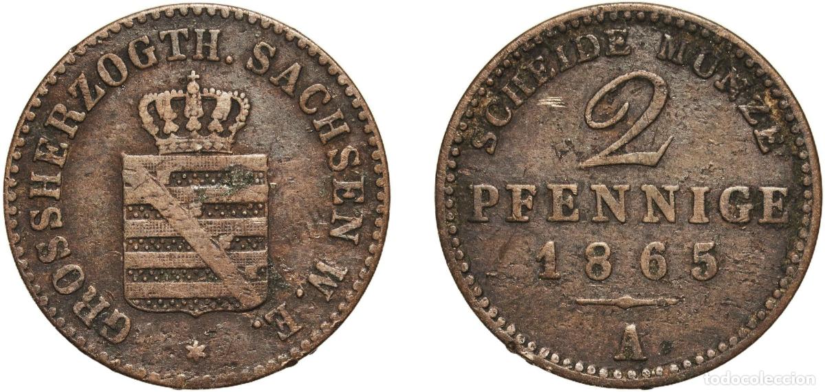 Monedas antiguas de Europa: Germany Grand Duchy of Saxe-Weimar-Eisenach German states 1865 A 2 Pfennige - Charles Alexander Cop
