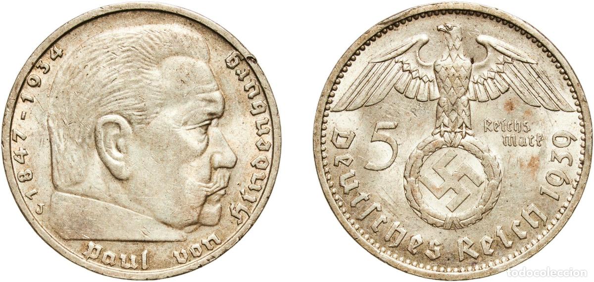 Monedas antiguas de Europa: Germany Third Reich 1939 J 5 Reichsmark (Paul von Hindenburg) Original luster Silver (.900) Hamburg