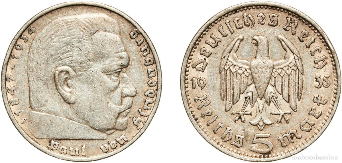 Monedas antiguas de Europa: Germany Third Reich 1935 F 5 Reichsmark (Paul von Hindenburg) Silver (.900) Staatliche M&uuml;nze Baden-