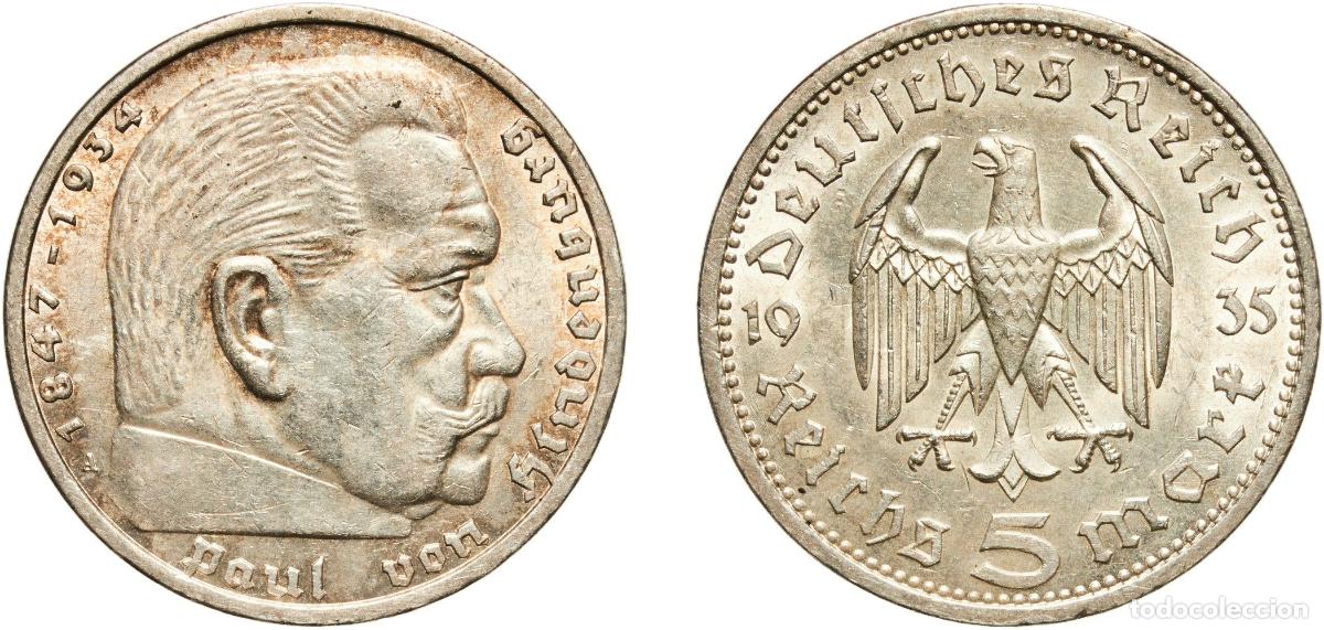 Monedas antiguas de Europa: Germany Third Reich 1935 F 5 Reichsmark (Paul von Hindenburg) Original luster Silver (.900) Staatli