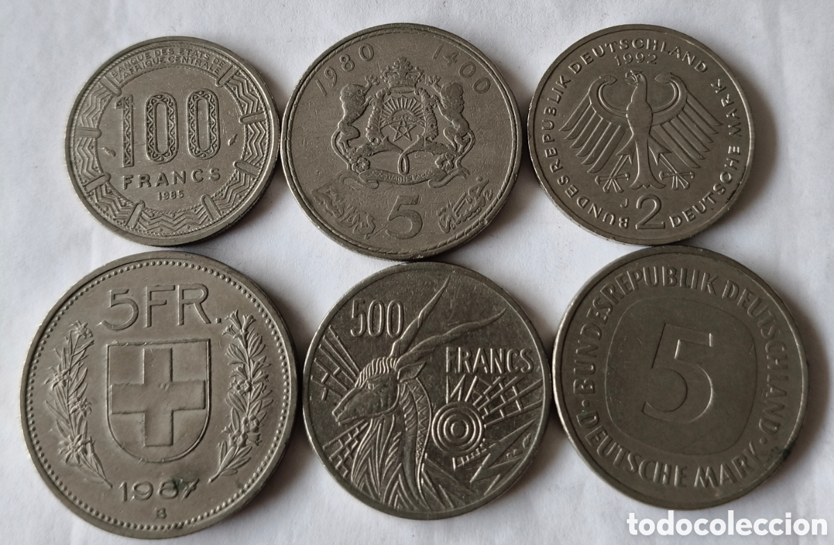Monedas antiguas de Europa: Lote 6 Monedas Extranjeras - Suiza, Alemania (Marcos), Marruecos, &Aacute;frica (CFA)