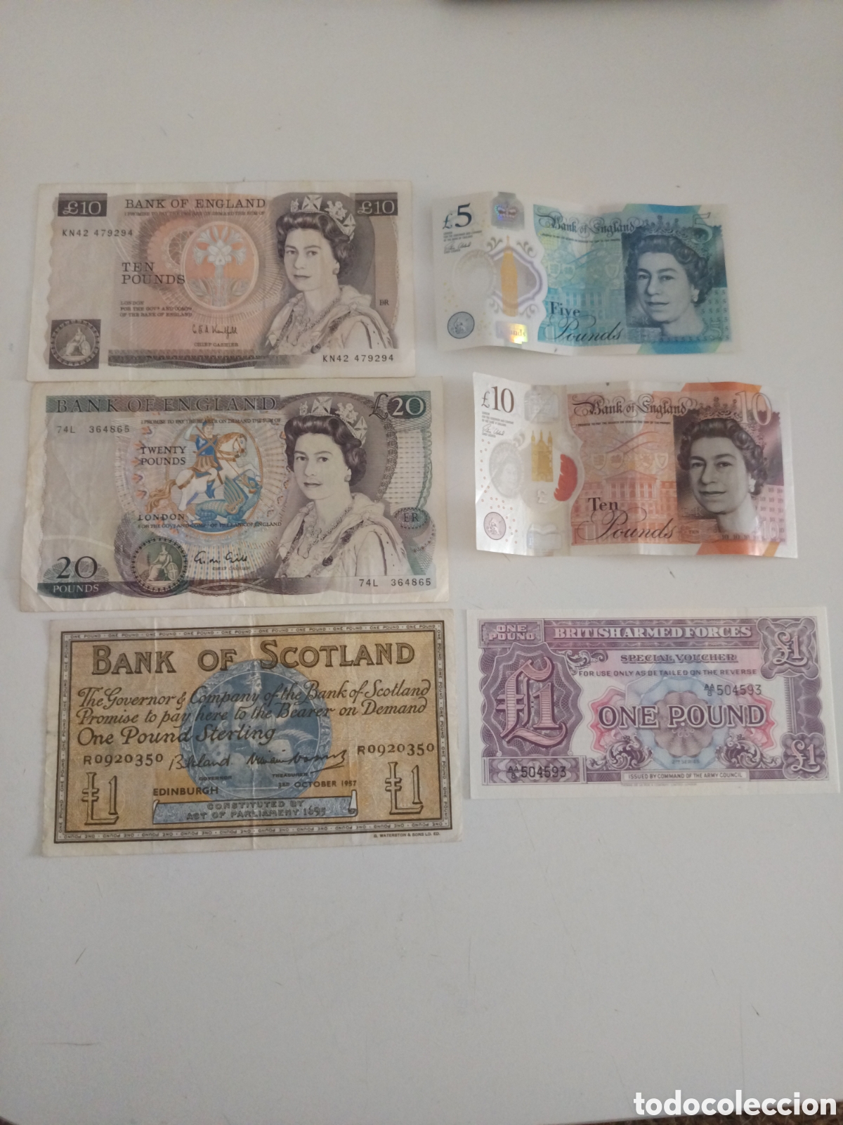 Monedas antiguas de Europa: Lote 5 Billetes y 1 Vaucher. Reino Unido.