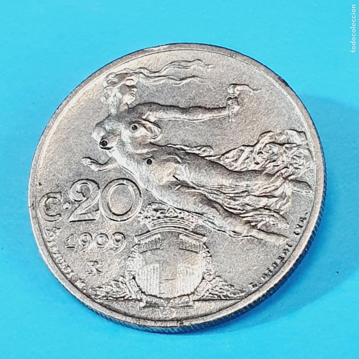 Monedas antiguas de Europa: MONEDA-ITALIA-20 CENTISIMI-1909-TIENE AGUJEROS SOBRE DAMA NANOM&Eacute;TRICOS-CURIOSA-EXCELENTE.