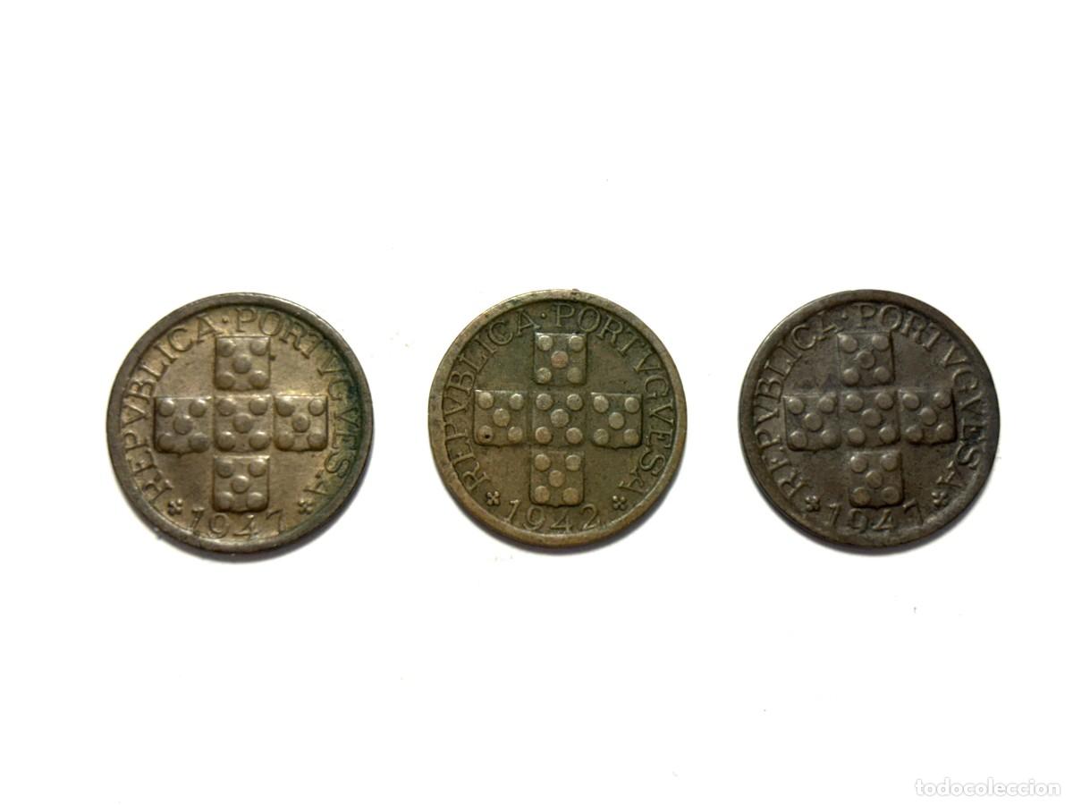 Old Coins of Europe: 10 Centavos Rep&uacute;blica Portuguesa. 3 unidades a&ntilde;os 1942 (1) y 1947 (2)