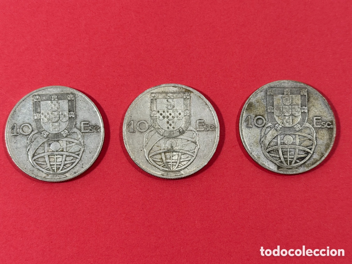 Alte M&uuml;nzen aus Europa: Lote 3 monedas Portugal 10 Escudos 1954 y 1955 &ndash; Plata &ndash; Rep&uacute;blica Portuguesa