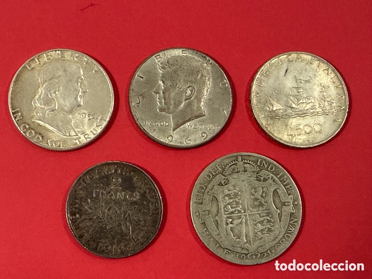 Alte M&uuml;nzen aus Europa: Lote de 5 monedas antiguas de plata &ndash; Estados Unidos, Francia, Italia y Gran Breta&ntilde;a