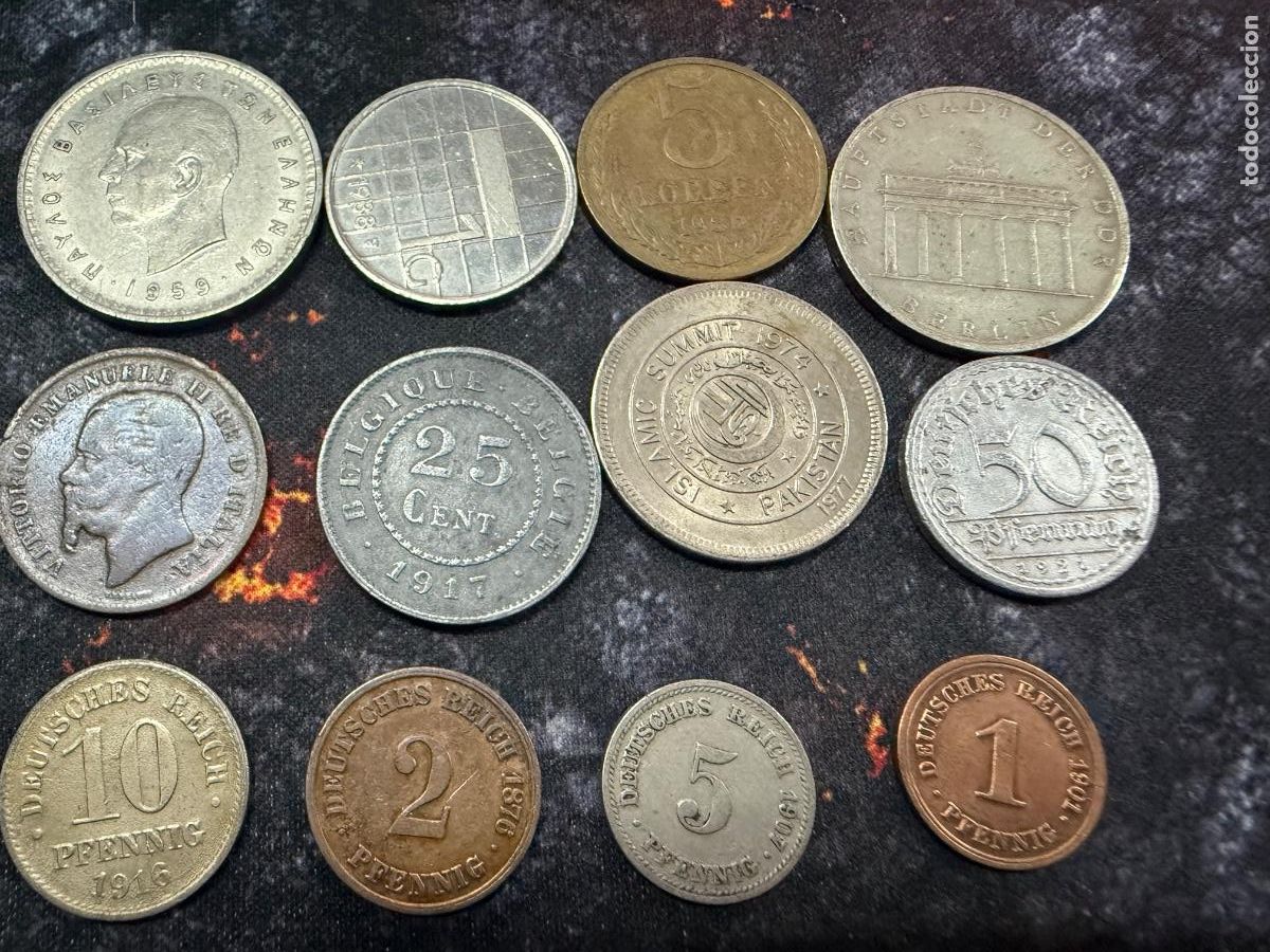 Alte M&uuml;nzen aus Europa: 10.- 12 monedas antiguas del mundo &ndash; B&eacute;lgica 1914, Alemania Imperial, Grecia, Pakist&aacute;n y RDA